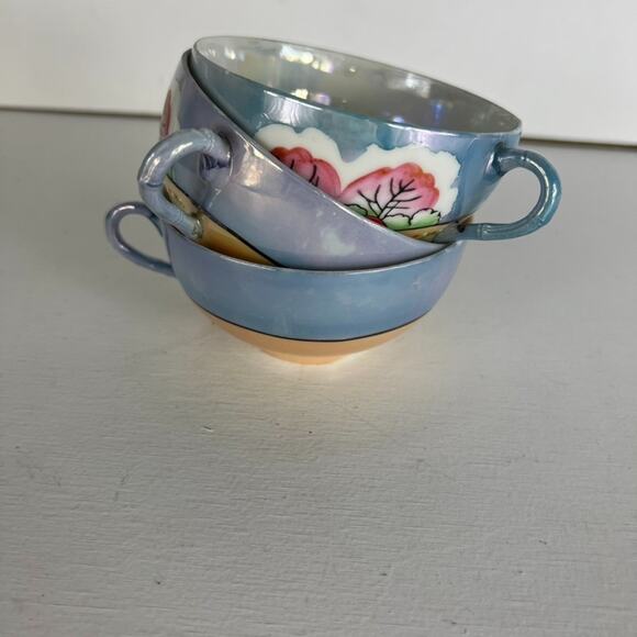 Vintage 40s Lusterware Tea Cup Set of Three Hand Painted Bone China JAPAN - Picture 7 of 10